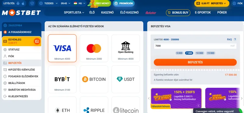 Fizetési rendszer opciók a játékos személyes számlájára történő befizetéshez