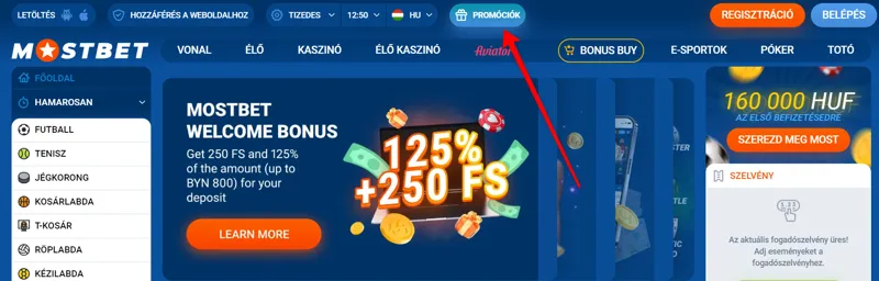 A MostBet weboldal „Promóciók” része